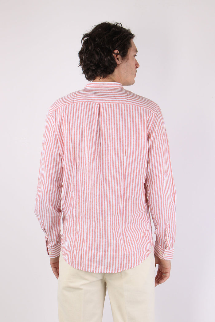 Camicia Coreana Lino Riga Corallo-5