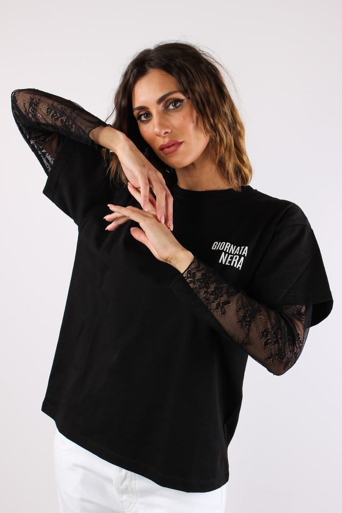 T-shirt Manica Pizzo Stampa Nero-3