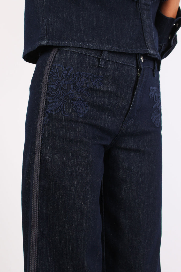 Denim Flare Ricami Davanti Denim Scuro-4