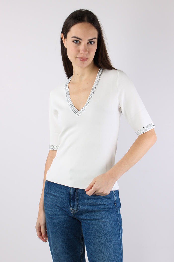 Maglia Scollo V Strass Bianco Lana-3