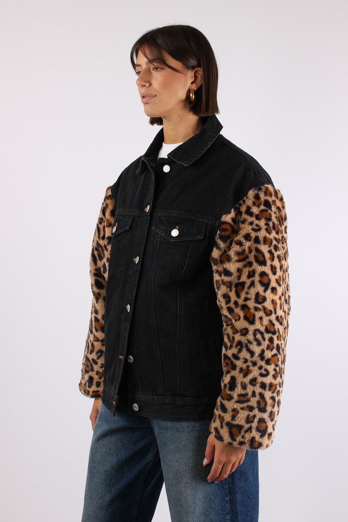 Giubbotto Denim Manica Pelliccia Nero-5