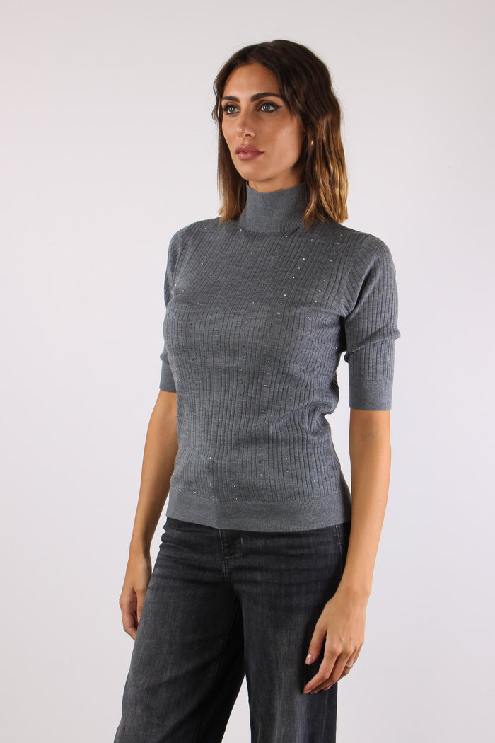 Collo Alto Strass 100% Lana Grigio Melange-4