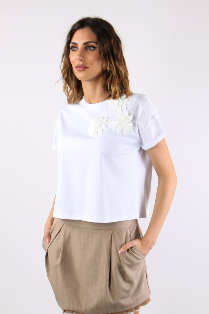 T-shirt Crop Applicazione Fior Bianco-3