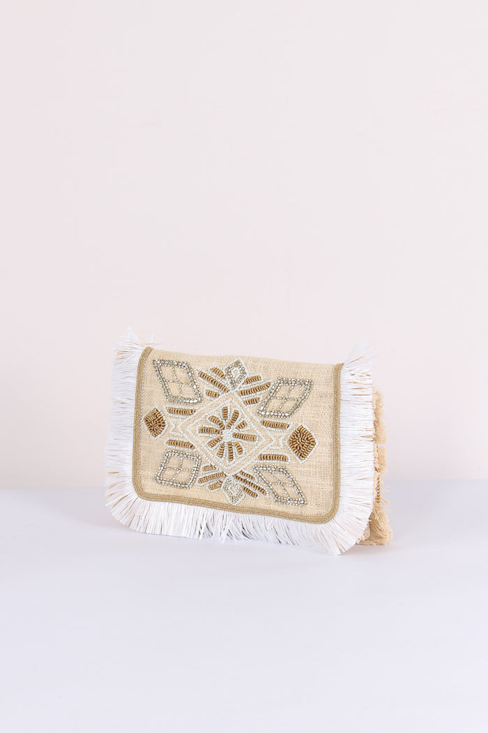 Pochette Ricami Frange Bianco-6
