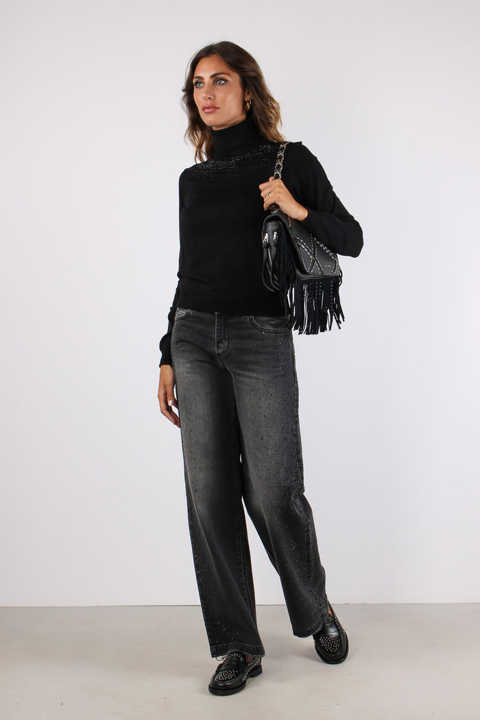 Yusek Maglia Collo Alto Strass Black-5