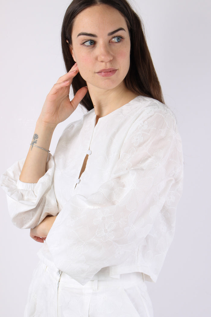 Camicia Corta Ricami Bianco-5