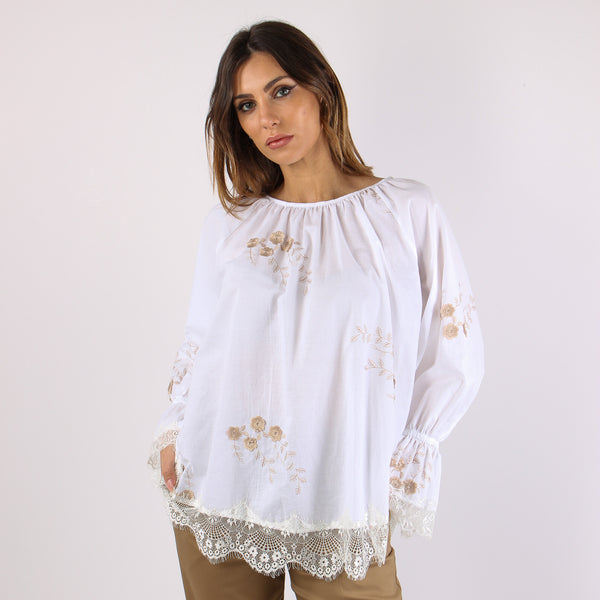 Blusa Scollo Barca Ricamo Fior Bianco-2