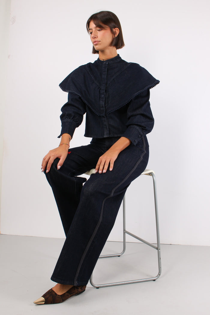 Denim Flare Ricami Davanti Denim Scuro