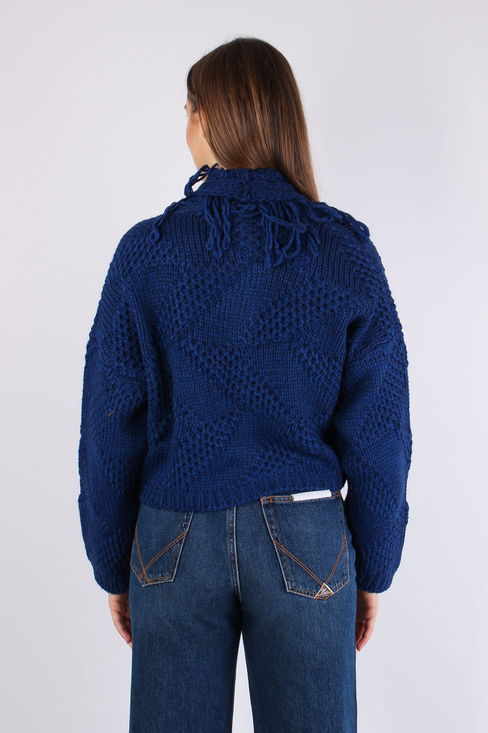 Cardigan Corto Effetto Uncinet Blu-4