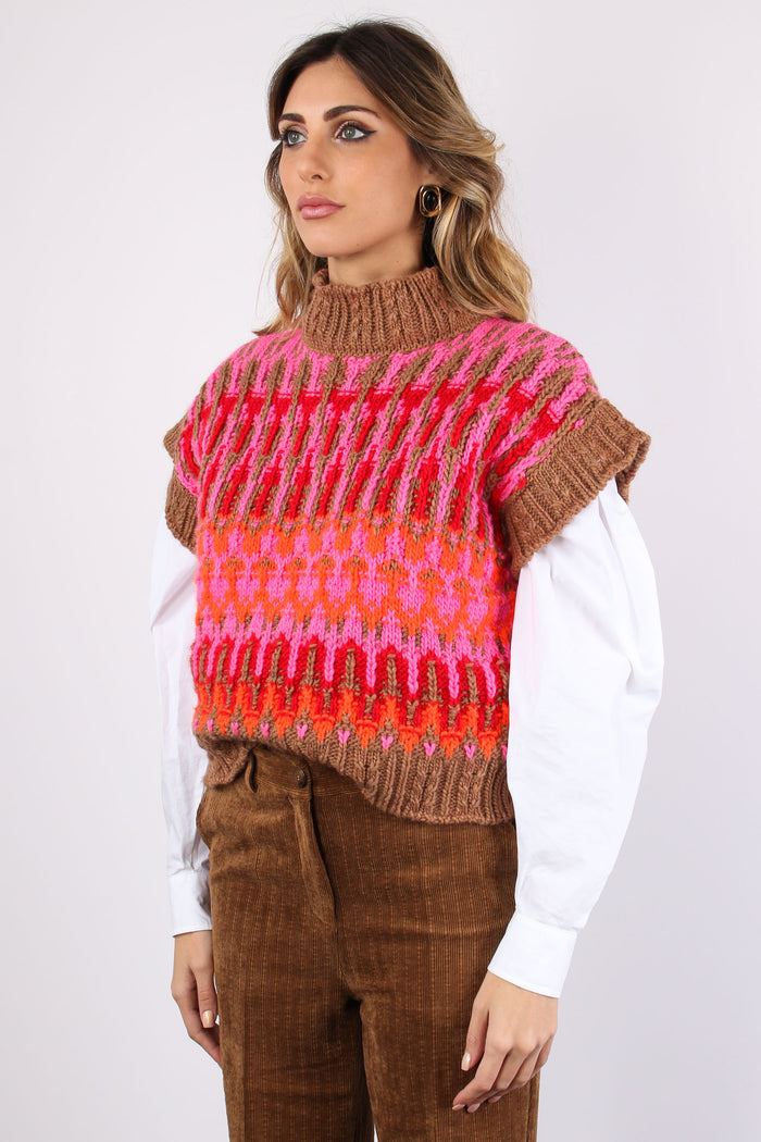 Gilet Smanicato Multicolor Cammello/fucsia-2