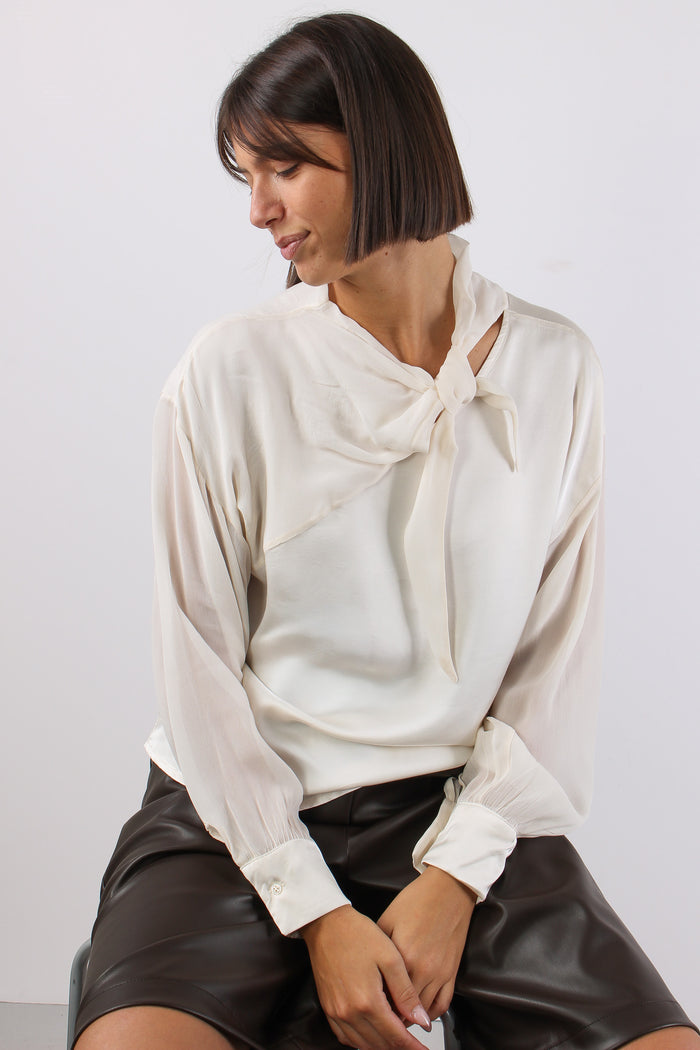 Blusa Bimateriale Fiocco Panna-6