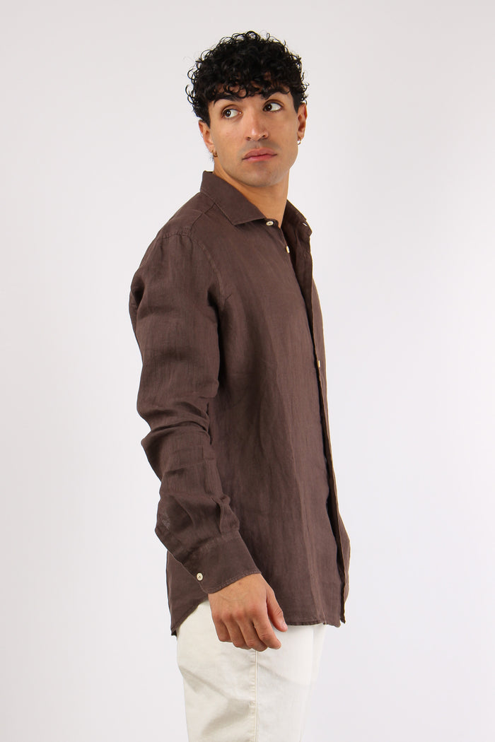 Camicia Classica Lino Marrone-5