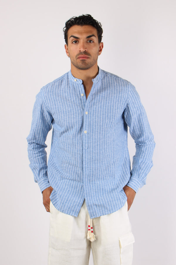 Camicia Coreana Lino Righe Azzurro/bianco