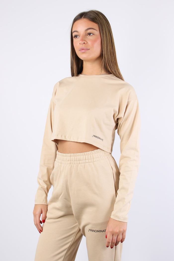 T-shirt Crop Cotone Nocciola-5