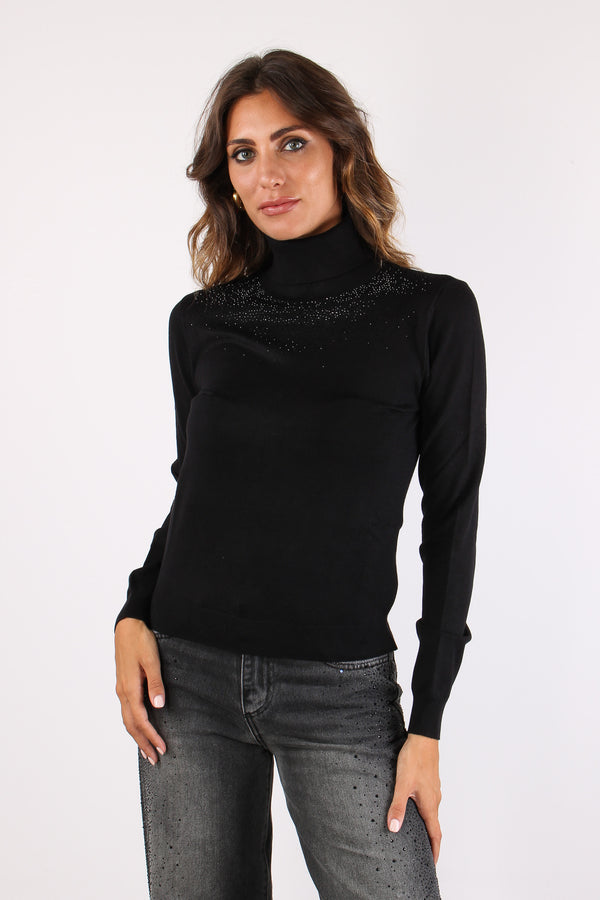 Yusek Maglia Collo Alto Strass Black-2