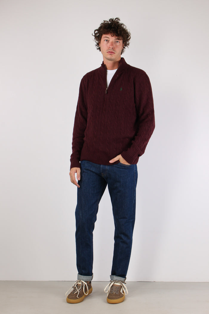 Maglia Mezza Zip Trecce Lana Wine Heather-2