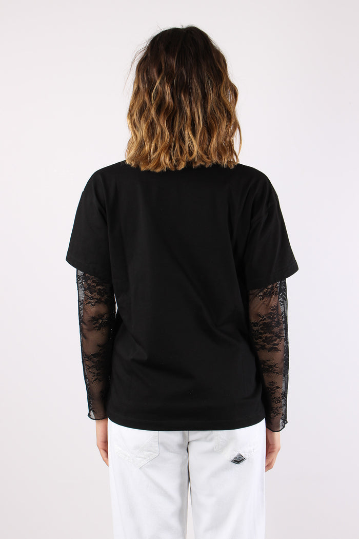 T-shirt Manica Pizzo Stampa Nero-4
