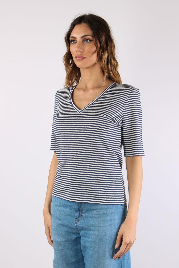 Opzione T-shirt Scavo V Riga Ecru/blu-3