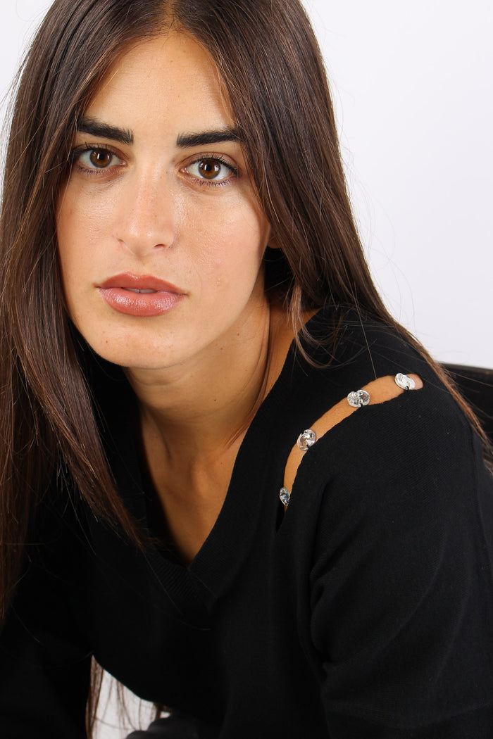 Maglia Scavo V Inserto Strass Nero-9