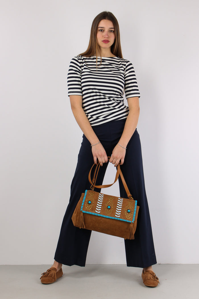 T-shirt Viscosa Riga Scavo Bar Blu/panna