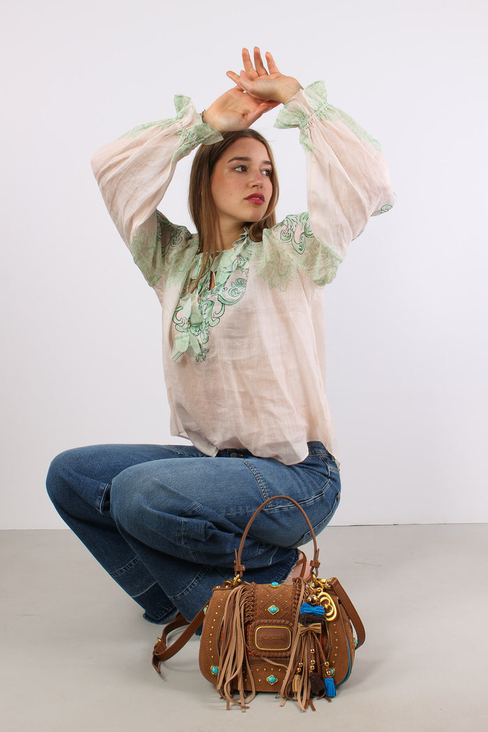 Camicia Lino Fantasia Inserto Nappine Crema/verde-5