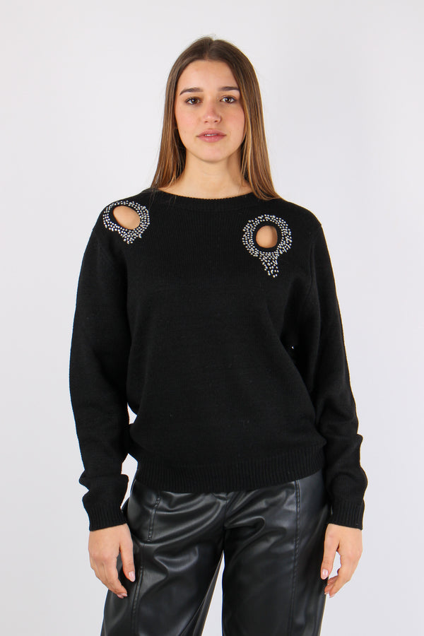 Maglia Aperture Davanti Strass Black-2