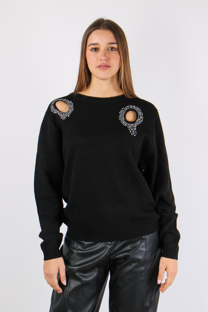 Maglia Aperture Davanti Strass Black-2