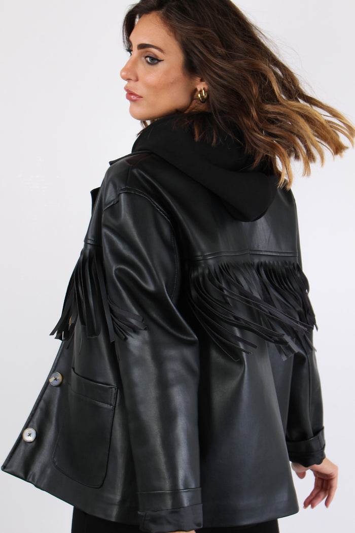 Giacca Ecopelle Frange Nero-8