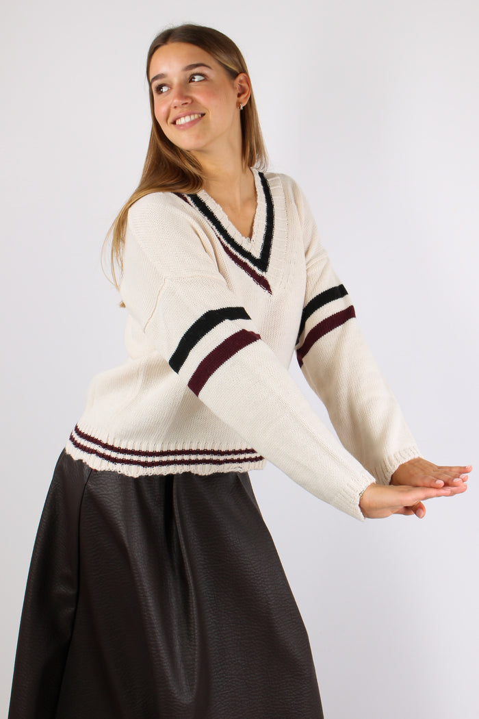 Maglia Lana Scavo V Righe Bianco Burro-6