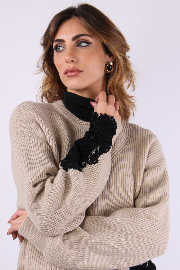 Piemonte Maglia Inserto Pizzo Beige-5