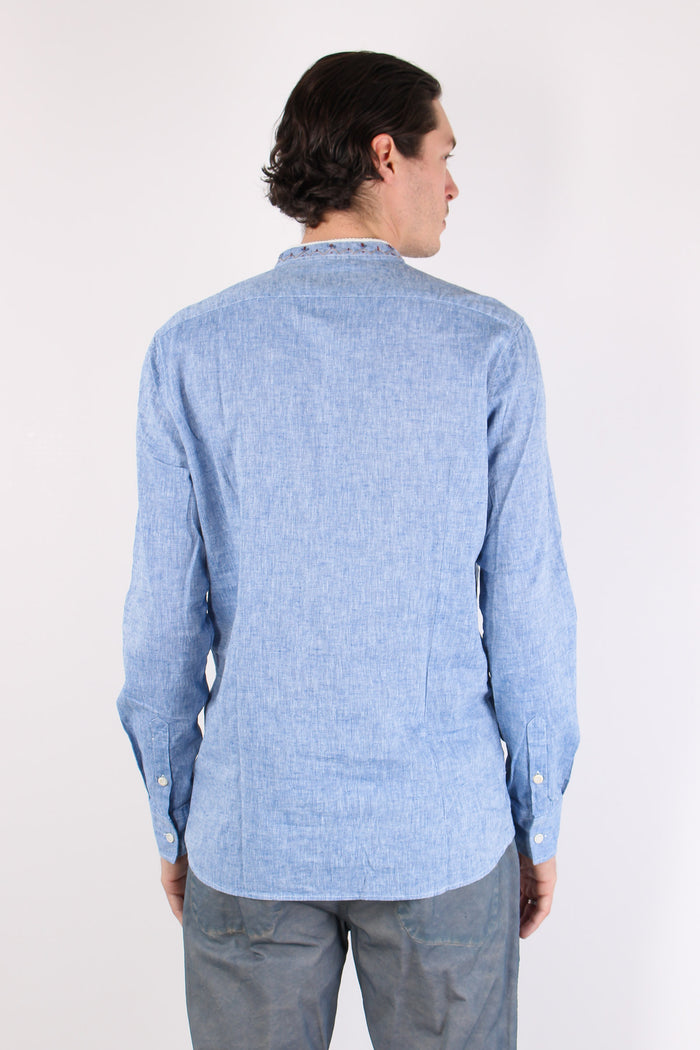 Camicia Lino Ricami Colletto Blu-5