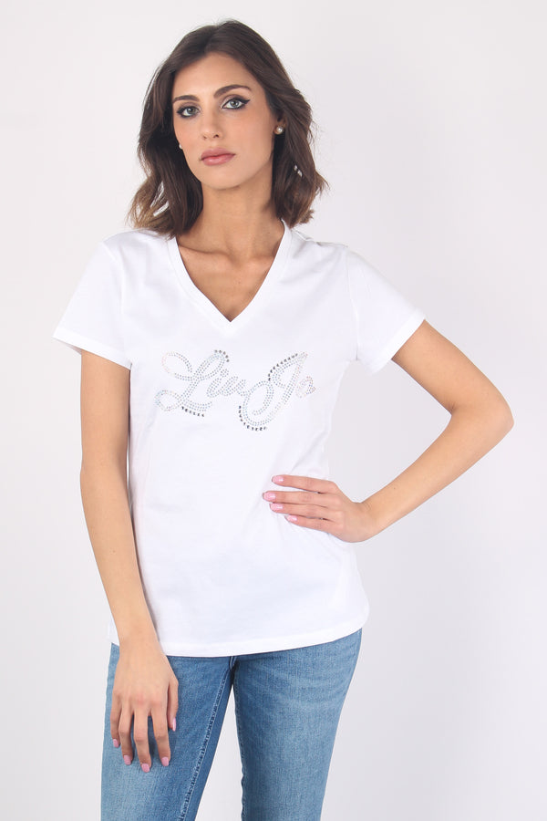 T-shirt Scollo V Logo Strass Bianco/liujo