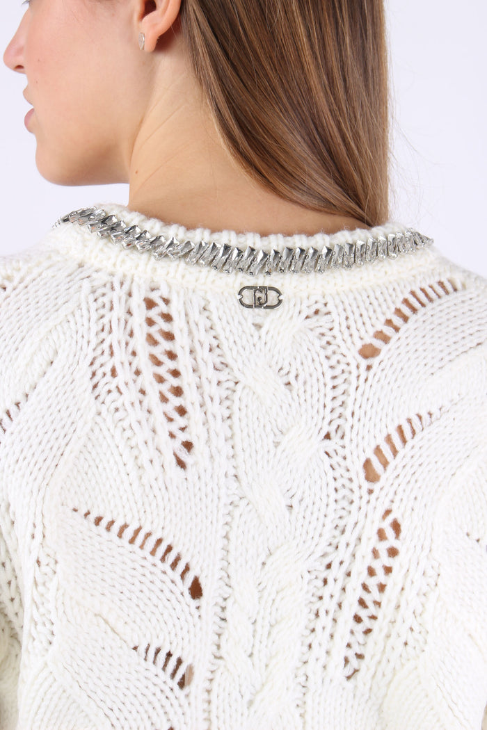 Maglia Slim Inserto Strass Bianco Lana-8