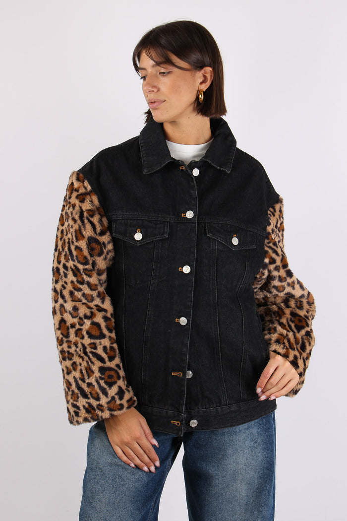 Giubbotto Denim Manica Pelliccia Nero-3