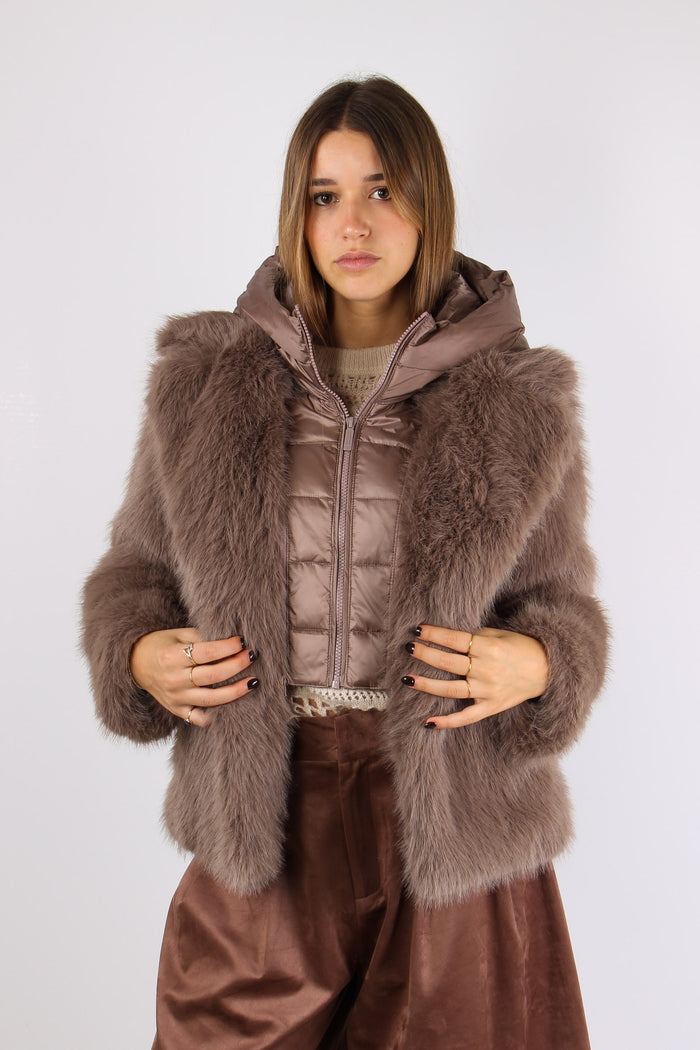 Giubbotto Pelliccia Cappuccio Taupe-5
