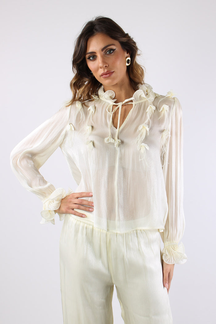 Camicia Effetto Spalmato Inserto Piume Panna-3
