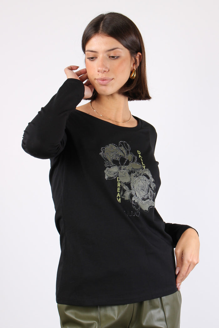 T-shirt Ml Logo Strass Nero/dark Green-6