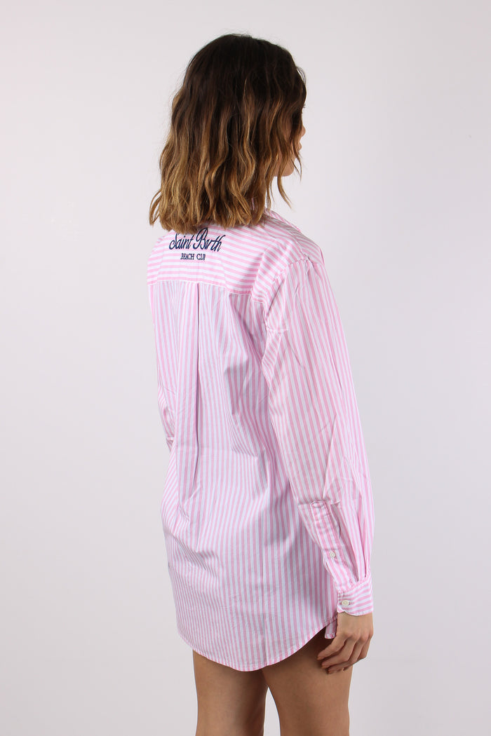 Camicia Cotone Riga Ricamo Schiena Bianco/rosa-9