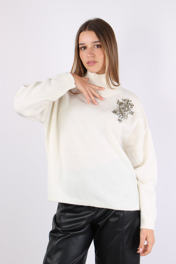 Maglia Collo Alto Applicazioni Bianco Lana