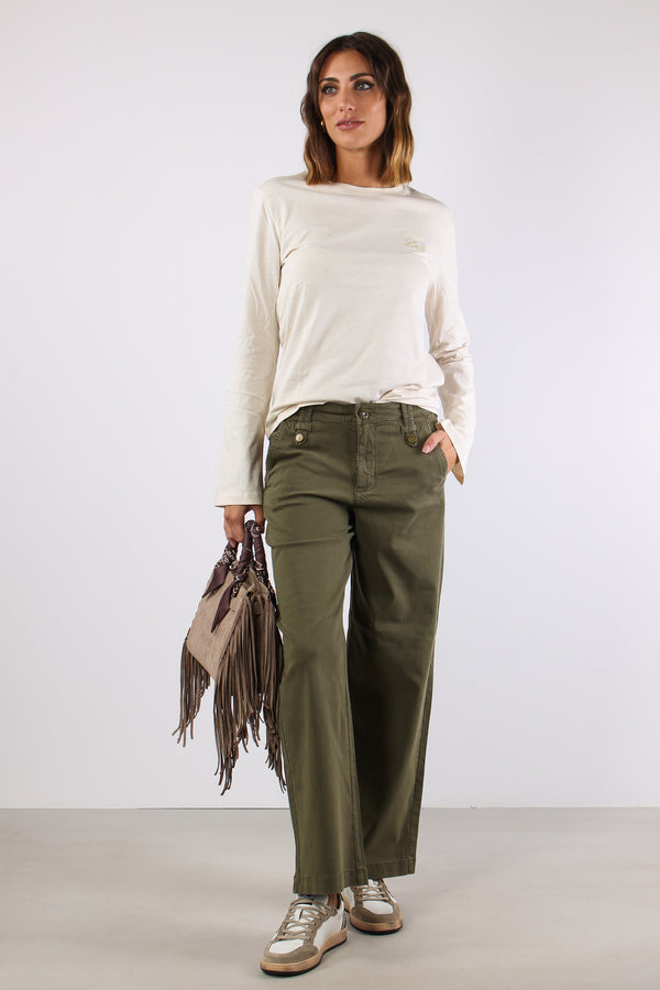 Pantalone Flare Bottoni Passanti Verde Alpino