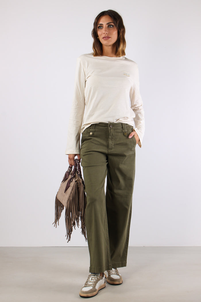 Pantalone Flare Bottoni Passanti Verde Alpino