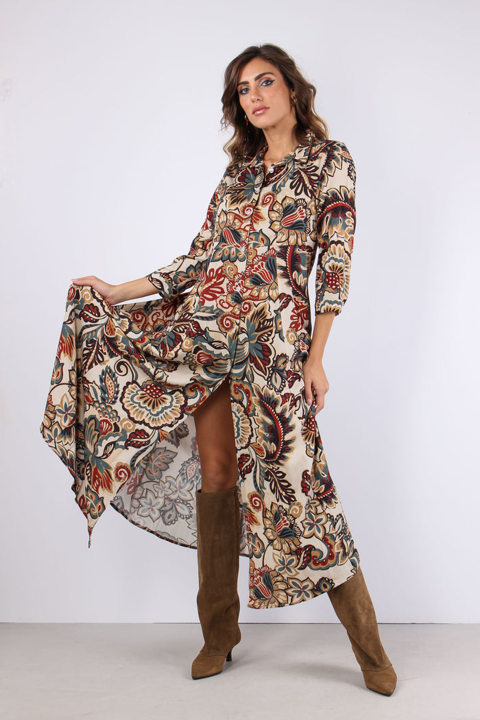 Abito Lungo Viscosa Fantasia Ottanio/bordeaux