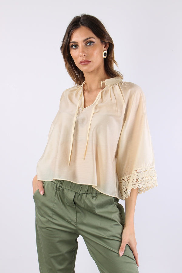 Camicia Mussola Macrame Manica Ecru-2