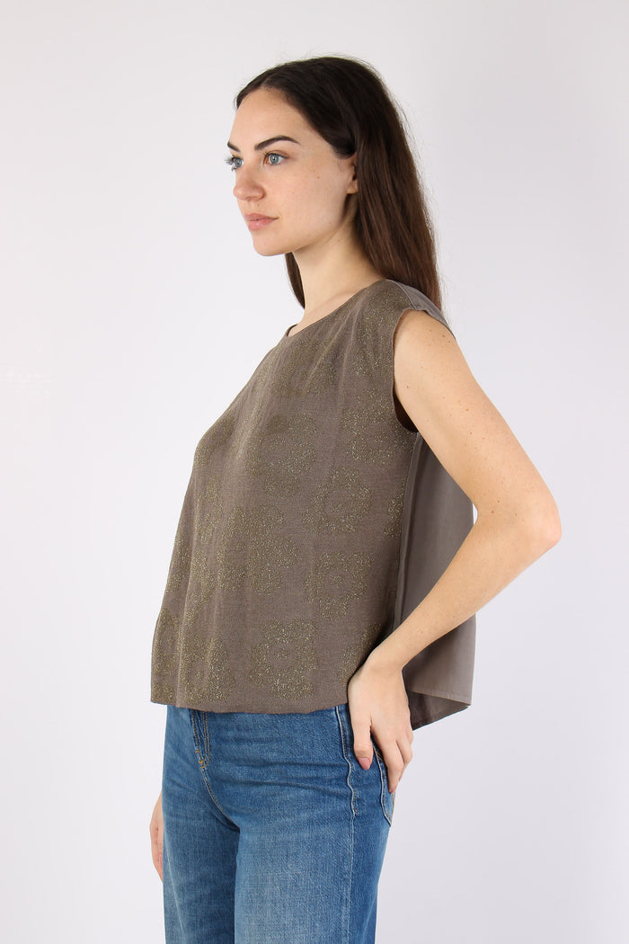Top Smanicato Ricami Lurex Tortora-5