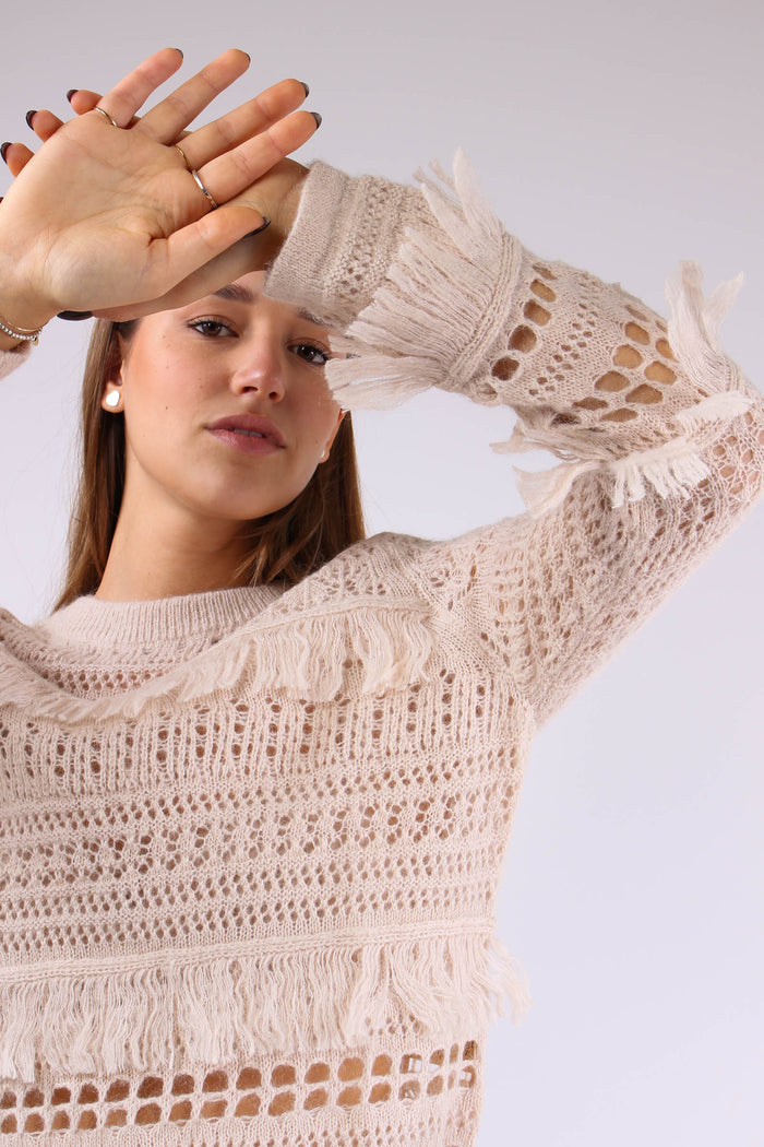 Maglia Frange Traforata Beige-10