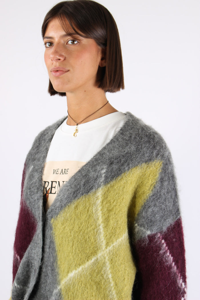 Cardigan Garzato Maxi Rombo Grigio/olio/bordeaux-7