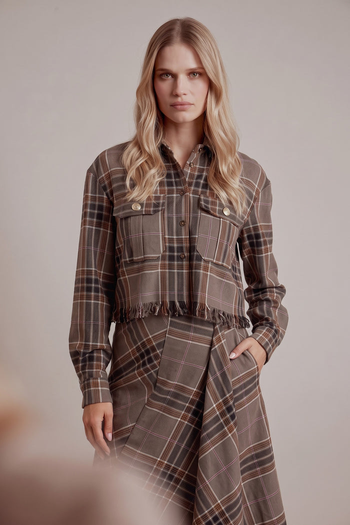 Camicia Corta Check Sfrangiata Tortora