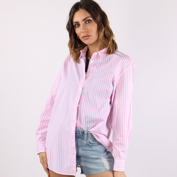 Camicia Cotone Riga Ricamo Schiena Bianco/rosa-2