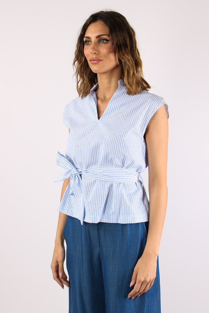 Camicia Smanicata Strass Cintu Blu-3