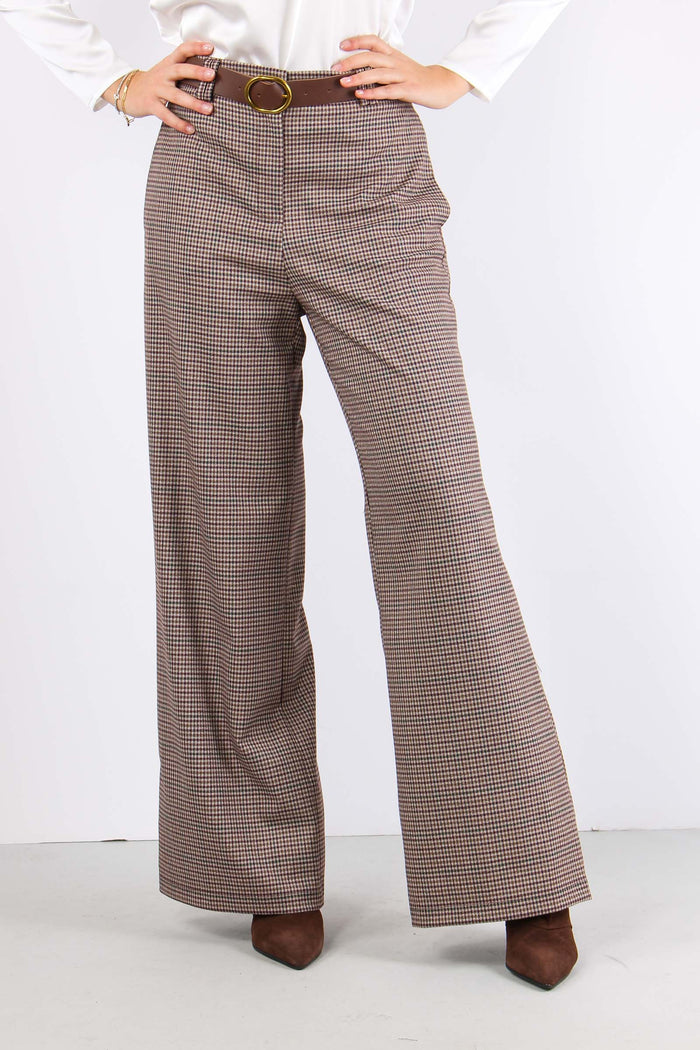 Pantalone Palazzo Check Cintur Bordeuax/cammello-2